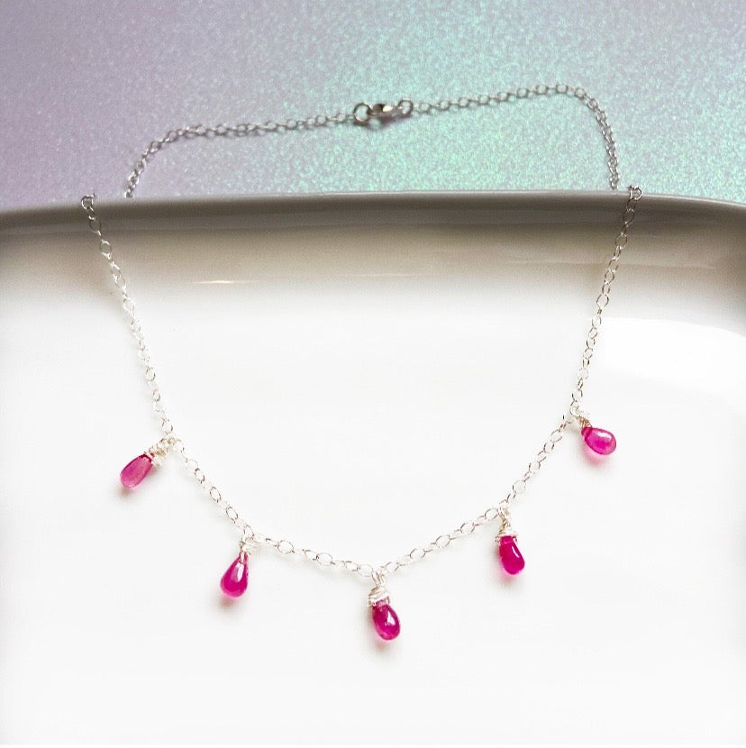 Pink Sapphire Teardrop Choker Necklace in Gold or Silver (16